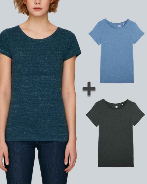 Damen Basic T-Shirt in Blau und Grau meliert | 3er Multipack