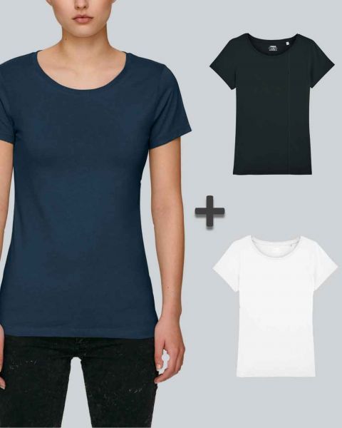 Damen Basic T-Shirt in Schwarz, Weiß, Navyblau| 3er Multipack
