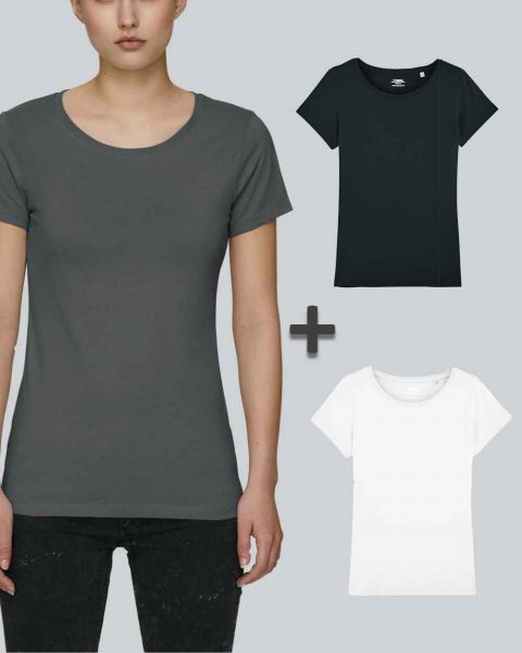 Damen Basic T-Shirt in Schwarz, Weiß, Anthrazit| 3er Multipack